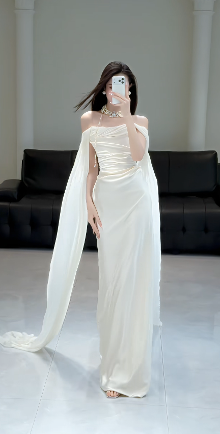 Elegant White Off-shoulder Sheath Satin Weddding Dress for Bride EA09619