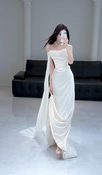 Elegant White Off-shoulder Sheath Satin Weddding Dress for Bride EA09619