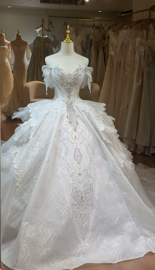 Elegant White Off-shoulder A-Line Tulle Weddding Dress for Bride EA09621
