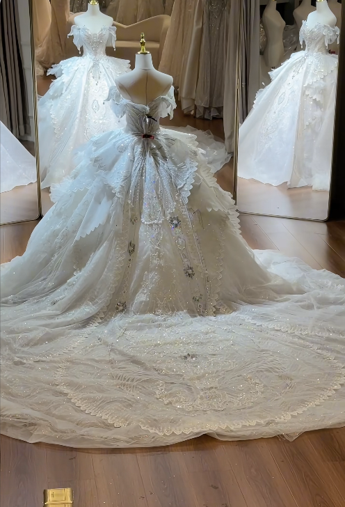 Elegant White Off-shoulder A-Line Tulle Weddding Dress for Bride EA09621
