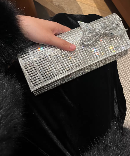 French Silver Rhinestones Evening Gown Clutch EB03940