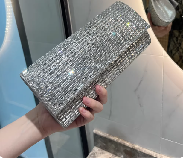 French Silver Rhinestones Evening Gown Clutch EB03940