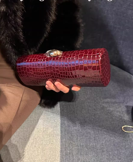 Sparkly Burgundy Evening Clutch - Minimalist Crocodile Pattern Handbag EB03942