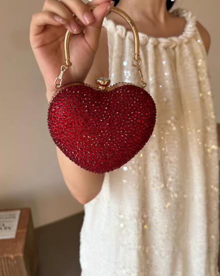 Mini Rhinestone Glitter Lipstick Pouch, Heart-shaped Burgundy Banquet Clutch EB03943