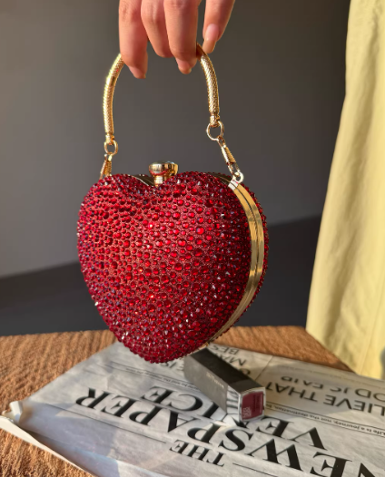 Mini Rhinestone Glitter Lipstick Pouch, Heart-shaped Burgundy Banquet Clutch EB03943