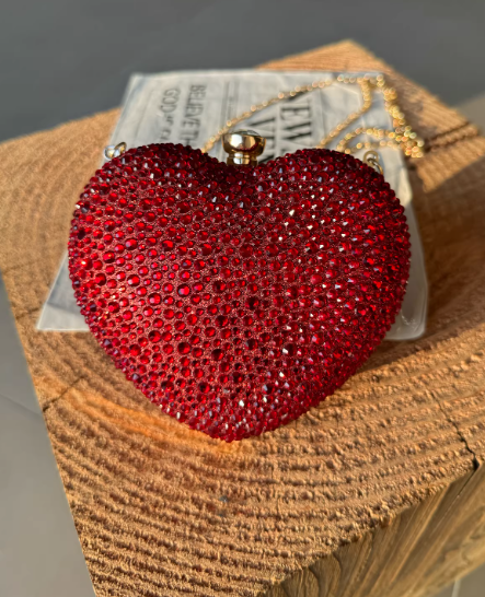 Mini Rhinestone Glitter Lipstick Pouch, Heart-shaped Burgundy Banquet Clutch EB03943