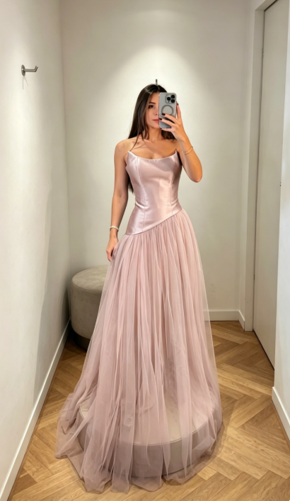 Chic Dusty Rose Sheath Bridesmaid Dress Strapless Tulle Long Evening Dress EB0456
