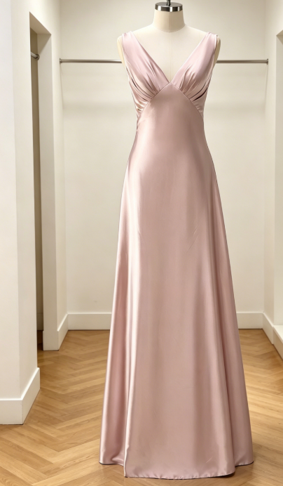 Chic Dusty Rose A-Line Bridesmaid Dress Long V-neck Satin Evening Dress EB0457