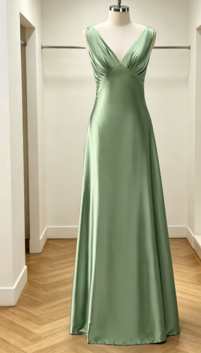 Robe de demoiselle d'honneur longue chic en satin rose poudré coupe trapèze avec col en V Robe de soirée EB0457