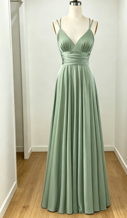 Robe de demoiselle d'honneur longue chic en satin rose poudré et coupe évasée à bretelles spaghetti Robe de soirée EB0458