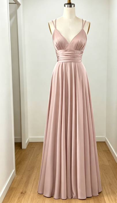 Chic Dusty Rose A-Line Bridesmaid Dress Long Spaghetti Straps Satin Evening Dress EB0458