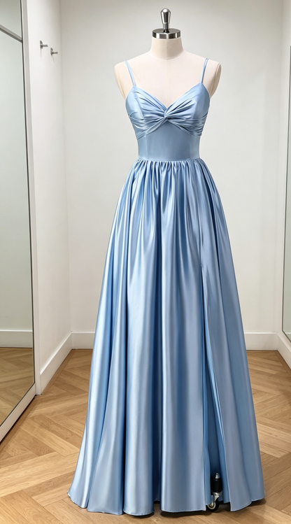 Günstiges staubiges Rosé A-Linien Brautjungfernkleid langes Spaghettiträger Satin Abendkleid EB0459