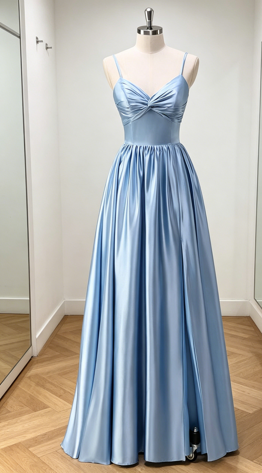 Affordable Dusty Rose A-Line Bridesmaid Dress Long Spaghetti Straps Satin Evening Dress EB0459