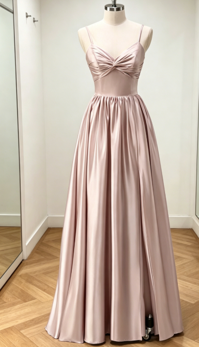 Günstiges staubiges Rosé A-Linien Brautjungfernkleid langes Spaghettiträger Satin Abendkleid EB0459