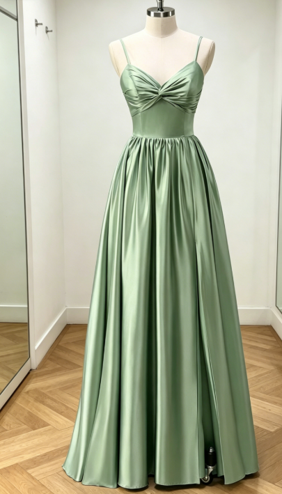 Günstiges staubiges Rosé A-Linien Brautjungfernkleid langes Spaghettiträger Satin Abendkleid EB0459