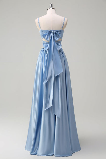 Günstiges staubiges Rosé A-Linien Brautjungfernkleid langes Spaghettiträger Satin Abendkleid EB0459