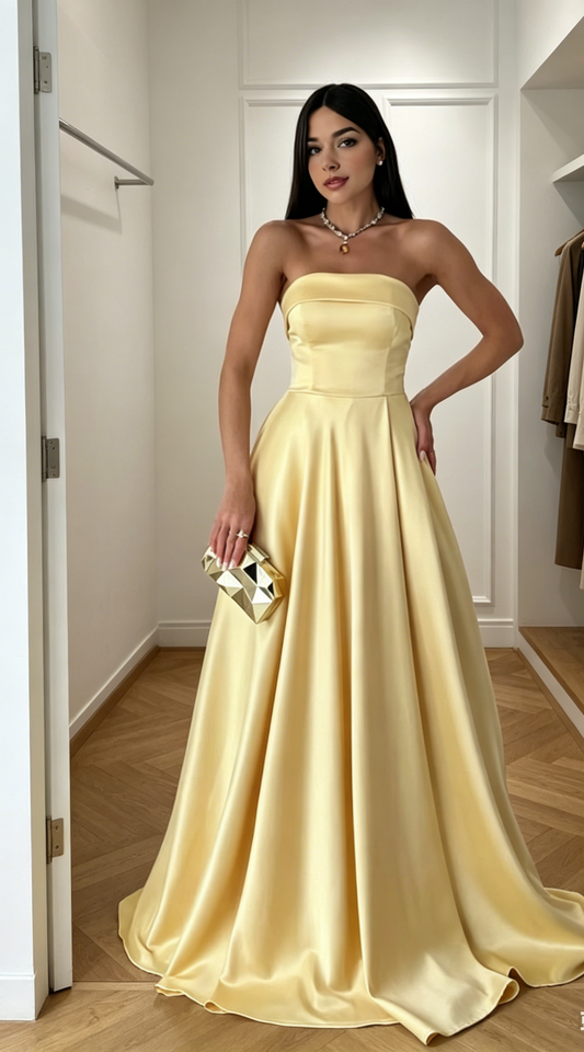 Affordable Dusty Rose A-Line Bridesmaid Dress Strapless Satin Long Evening Dress EB0460