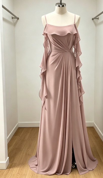 Affordable Dusty Rose Sheath Bridesmaid Dress Spaghetti Straps Chiffon Long Evening Dress EB0461