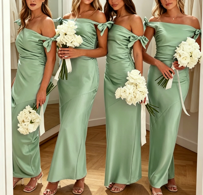Robe de demoiselle d'honneur longue en satin vert sauge abordable avec épaules dénudées EB0463
