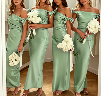 Robe de demoiselle d'honneur longue en satin vert sauge abordable avec épaules dénudées EB0463