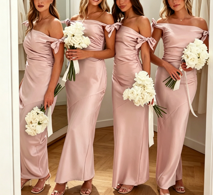 Robe de demoiselle d'honneur longue en satin vert sauge abordable avec épaules dénudées EB0463