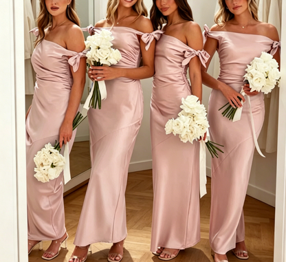 Robe de demoiselle d'honneur longue en satin vert sauge abordable avec épaules dénudées EB0463
