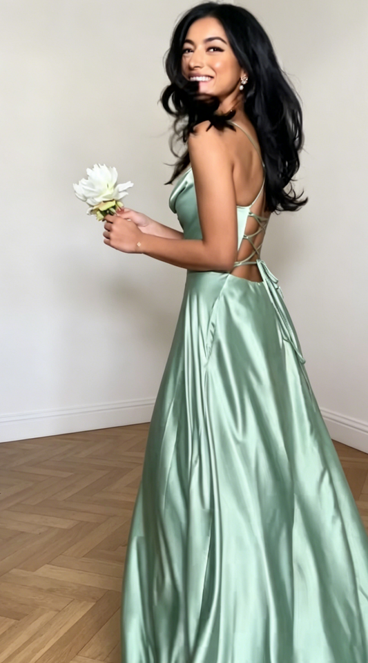 Chic Green Sheath Wedding Guest Dress Satin Spaghetti Straps Long Evening Dress EB0466