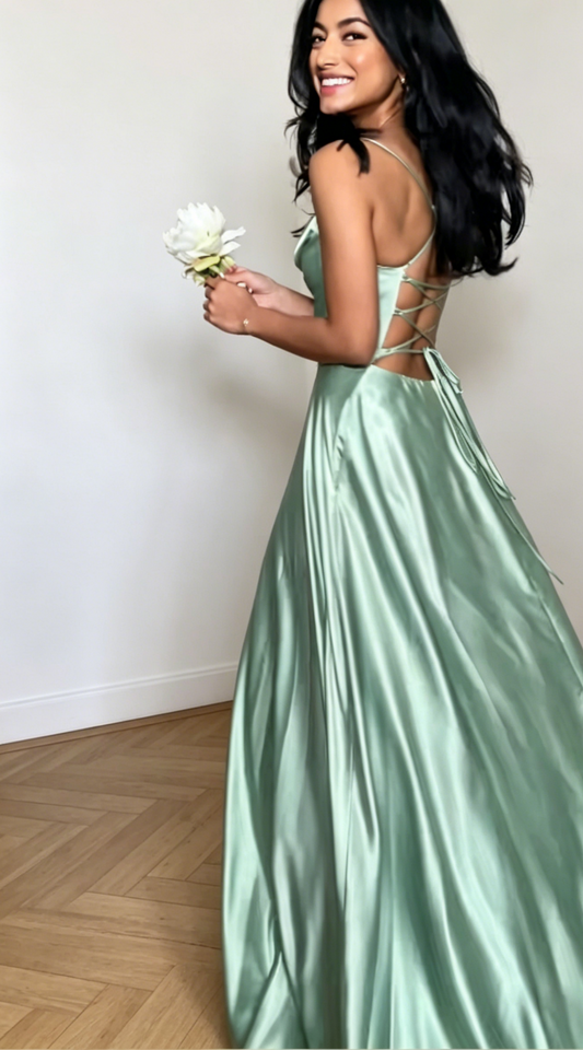 Chic Green Sheath Wedding Guest Dress Satin Spaghetti Straps Long Evening Dress EB0466