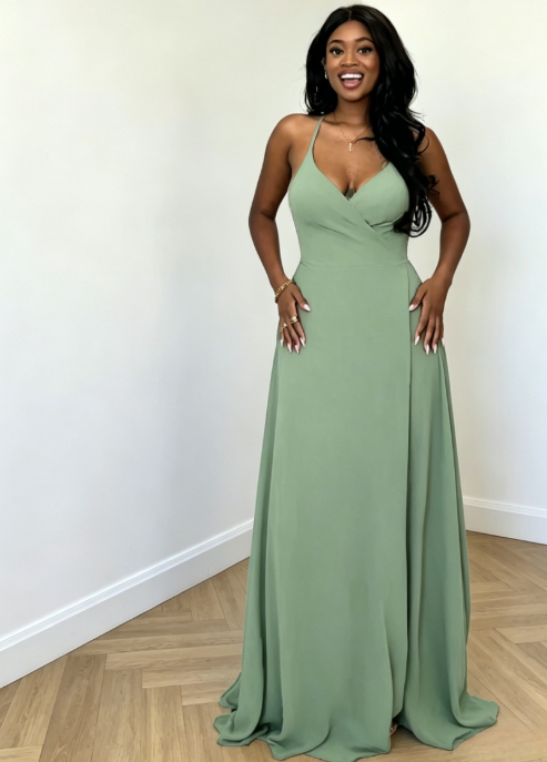 Elegantes Brautjungfernkleid Salbeigrün mit Scheiden-Silhouette, Chiffon, Spaghettiträgern, langes Abendkleid EB0467