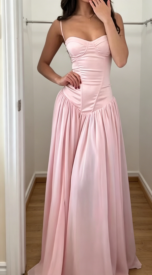 Chic Pink Sheath Wedding Guest Dress Satin Spaghetti Straps Long Evening Dress EB0468