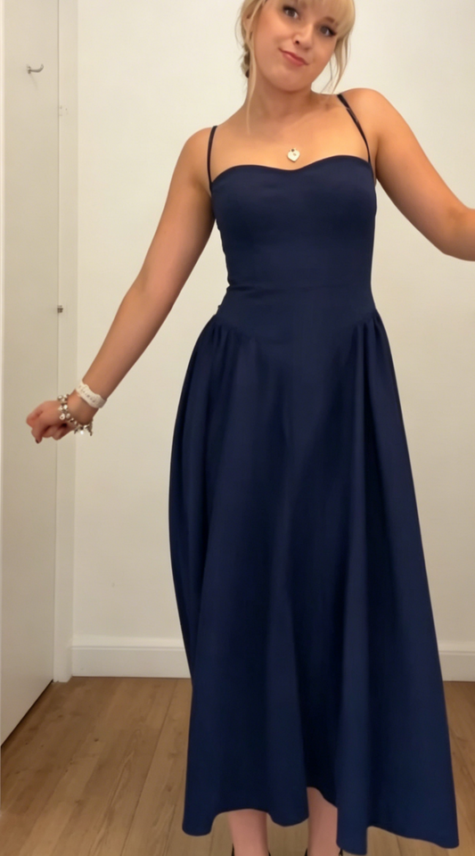 Chic Navy Blue A-Line Wedding Guest Dress Spaghetti Straps Satin Long Evening Dress EB0470