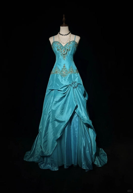 Robe de bal longue bleue en satin à bretelles spaghetti et perles, coupe trapèze, décolleté en cœur, avec appliques, pour remise de diplôme, ED01627