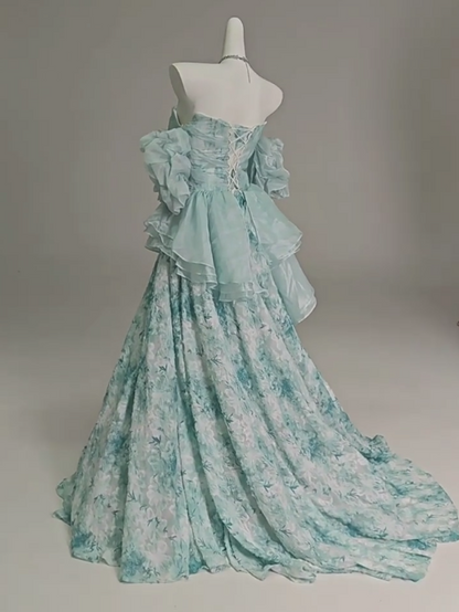 Robe de bal longue en organza bleu floral, coupe trapèze, sans bretelles, robe de bal de fin d'année ED01628