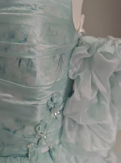 Robe de bal longue en organza bleu floral, coupe trapèze, sans bretelles, robe de bal de fin d'année ED01628
