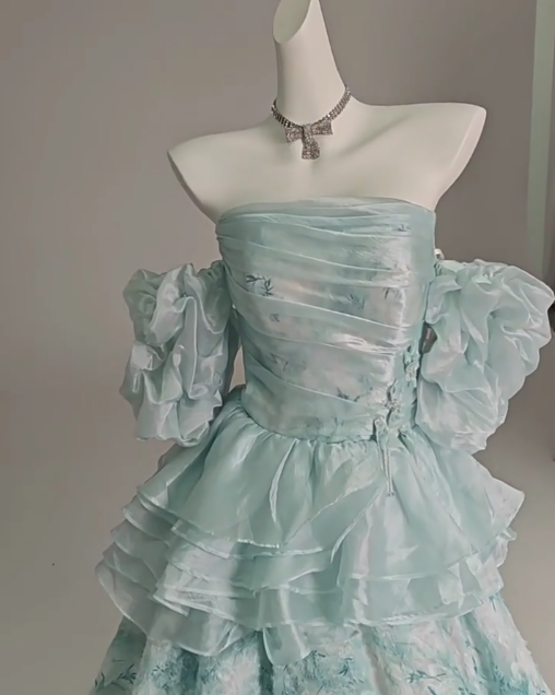 Blue Floral A-Line Strapless Organza Long Prom Dress Graduation Prom Dress ED01628