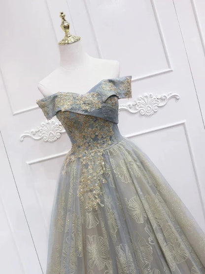 Robe de bal longue grise en tulle et dentelle, coupe trapèze, épaules dénudées, ED002