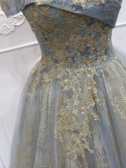 Robe de bal longue grise en tulle et dentelle, coupe trapèze, épaules dénudées, ED002
