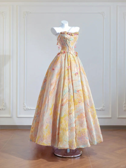 Superbe robe de bal longue en satin jaune beurre, sans bretelles, coupe trapèze, robes de mariée uniques ED02353