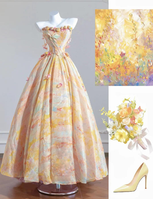 Superbe robe de bal longue en satin jaune beurre, sans bretelles, coupe trapèze, robes de mariée uniques ED02353