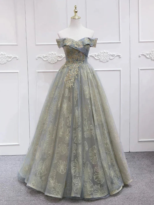 Robe de bal longue grise en tulle et dentelle, coupe trapèze, épaules dénudées, ED002