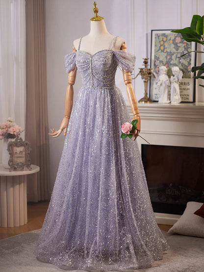 A-Linie Herzausschnitt Off Shoulder Tüll Pailletten Grau Blau Langes Ballkleid ED004