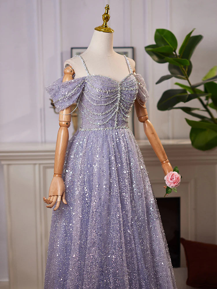 A-Linie Herzausschnitt Off Shoulder Tüll Pailletten Grau Blau Langes Ballkleid ED004