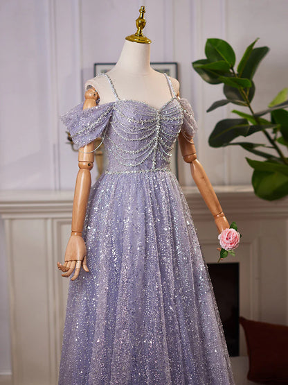 A-Linie Herzausschnitt Off Shoulder Tüll Pailletten Grau Blau Langes Ballkleid ED004