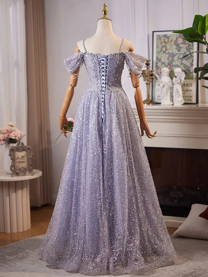 A-Linie Herzausschnitt Off Shoulder Tüll Pailletten Grau Blau Langes Ballkleid ED004