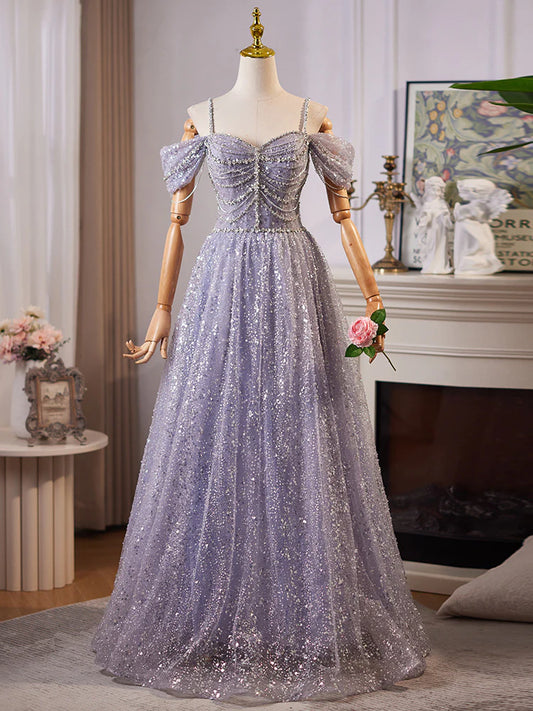 Robe de bal longue trapèze en tulle à paillettes, décolleté en cœur, épaules dénudées, gris et bleu, ED004