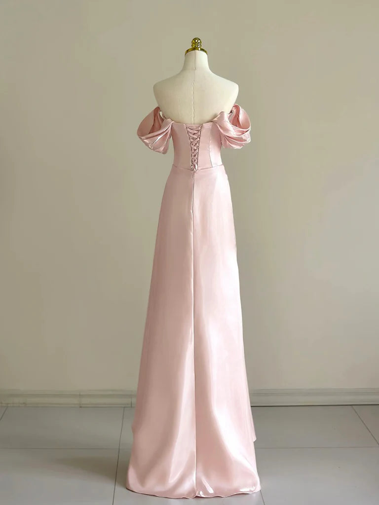 Rosa A-Linie Satin Langes Ballkleid, Off Shoulder Rosa Langes Abendkleid ED005