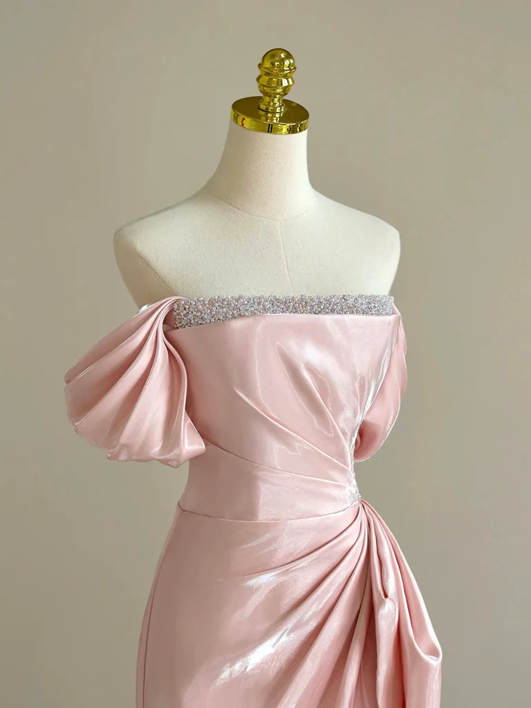 Rosa A-Linie Satin Langes Ballkleid, Off Shoulder Rosa Langes Abendkleid ED005