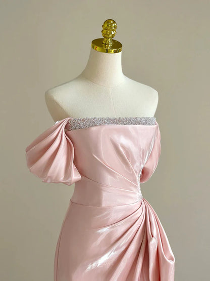 Rosa A-Linie Satin Langes Ballkleid, Off Shoulder Rosa Langes Abendkleid ED005