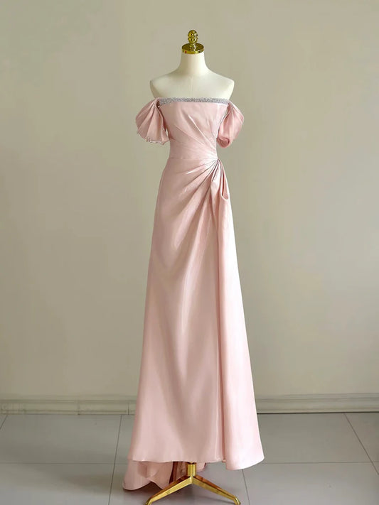 Robe de bal longue en satin rose coupe trapèze, robe de soirée longue rose à épaules dénudées ED005
