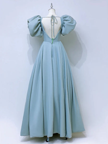 A-Line Square Neckline Satin Blue Long Prom Dress，Blue Formal Dress ED007